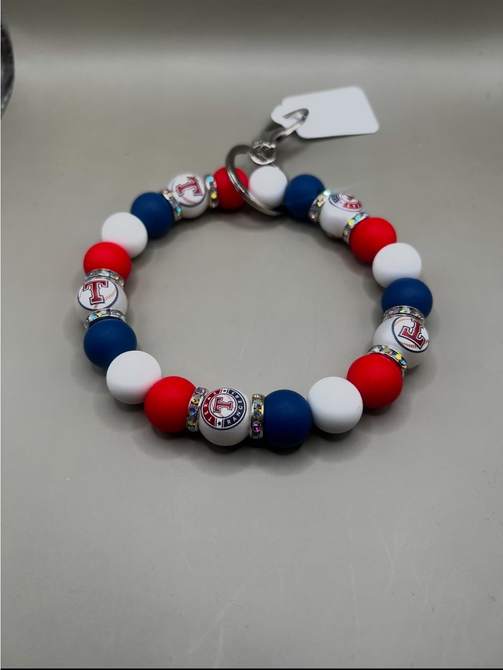 Kids Red White Blue Beaded Bracelet Keychain